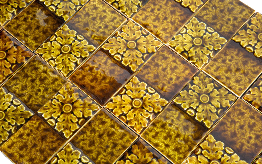 group of 30 matching 6 x 3 inch salvaged chicago 19th century victorian-era richly colored fireplace mantel surround tiles