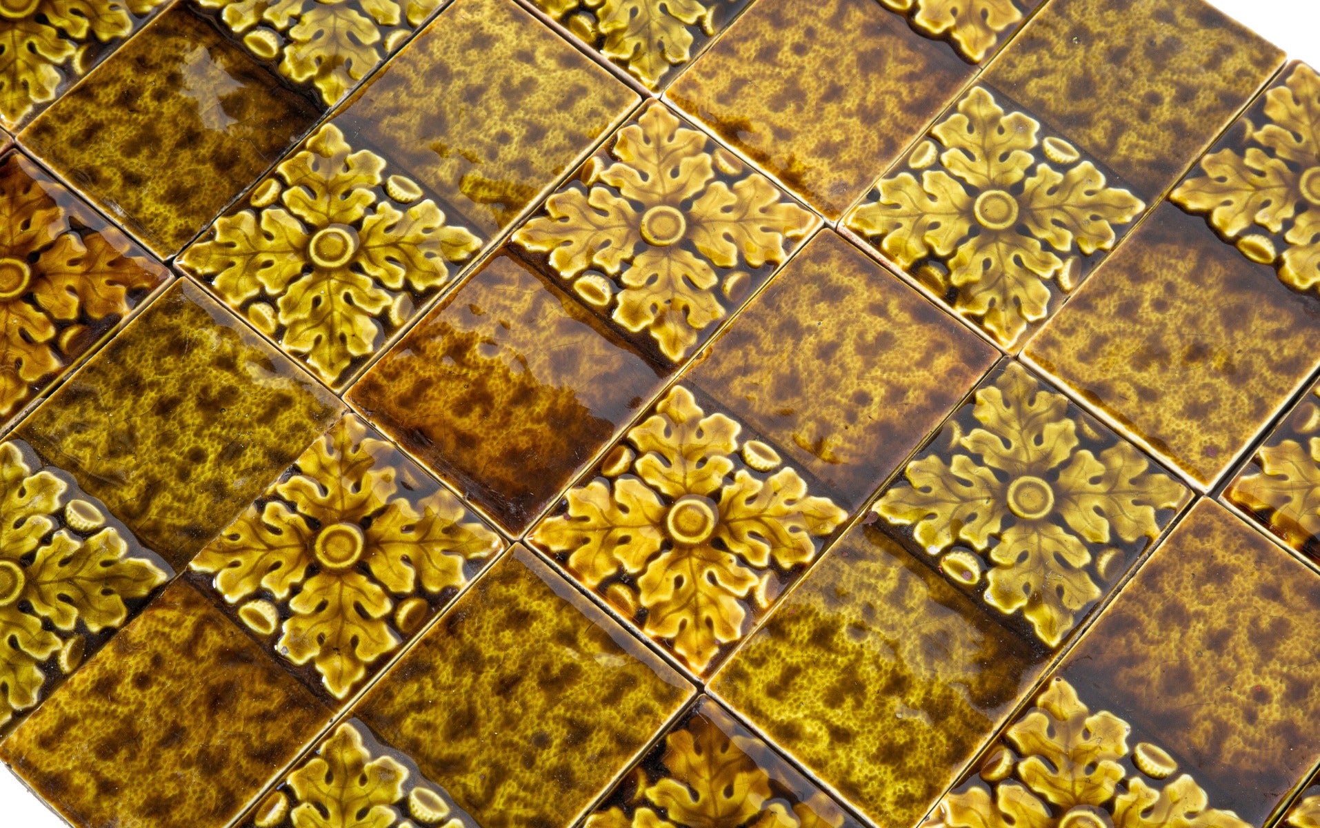 group of 30 matching 6 x 3 inch salvaged chicago 19th century victorian-era richly colored fireplace mantel surround tiles