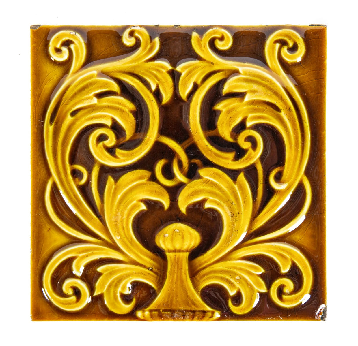 single 6 x 6 inch 19th century salvaged chicago dark yellowish-brown glazed majolica fireplace tile