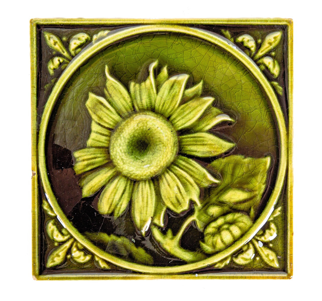highly sought after richly colored "sunflower" 6 x 6 antique american green majolica glazed victorian fireplace tile