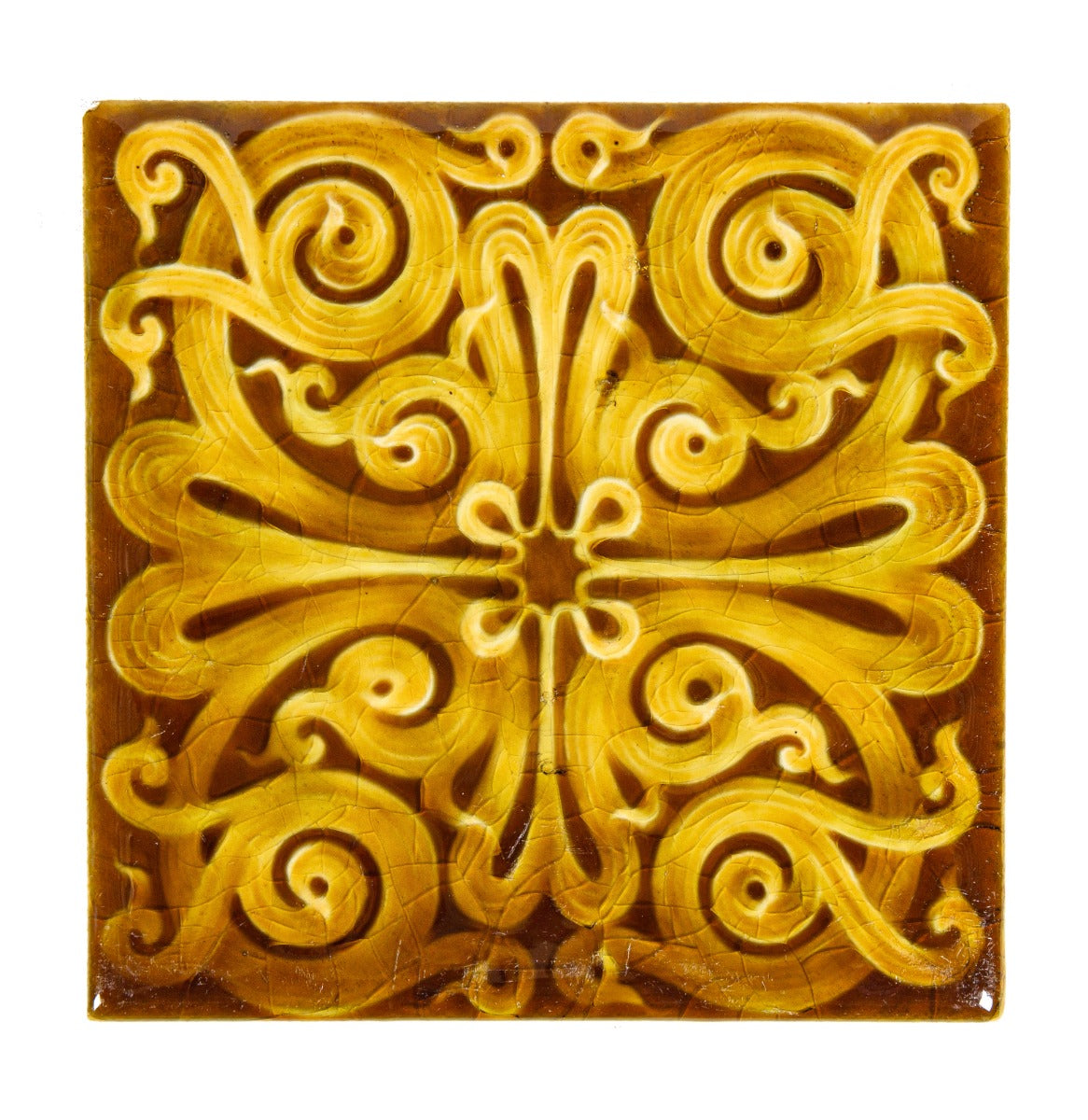 exceptionally designed original 19th century american victorian-era 6 x 6 inch majolica glazed tile