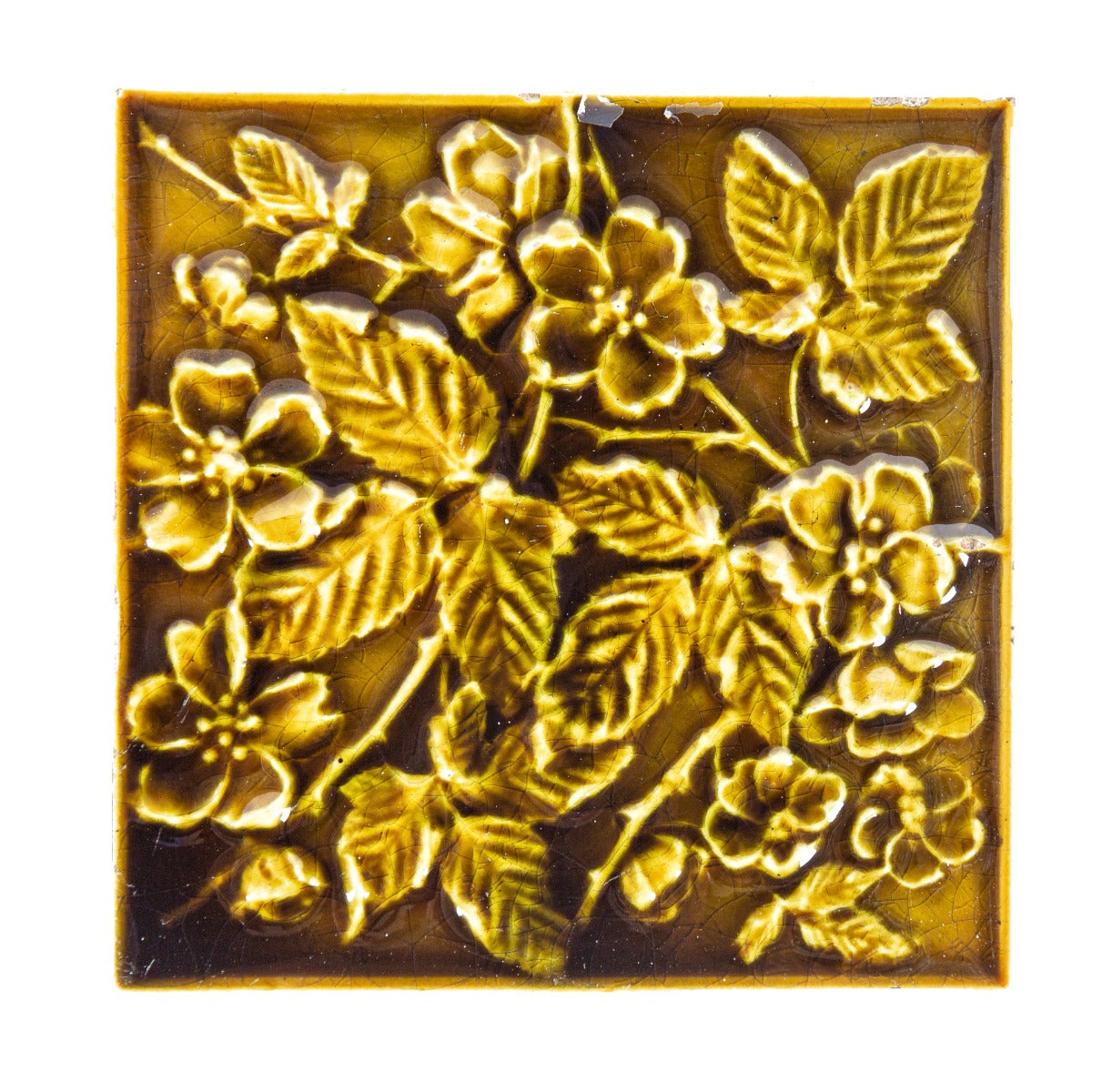 single olive green majolica-glazed interior residential salvaged chicago 6 x 6 inch 19th century fireplace tile