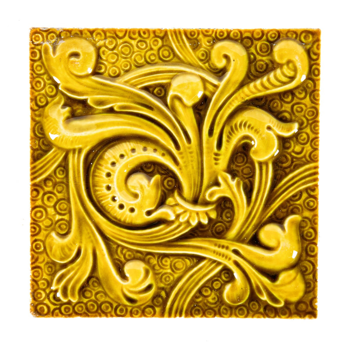 original 19th century canary yellow glazed american victorian-era salvaged chicago fireplace embossed tile