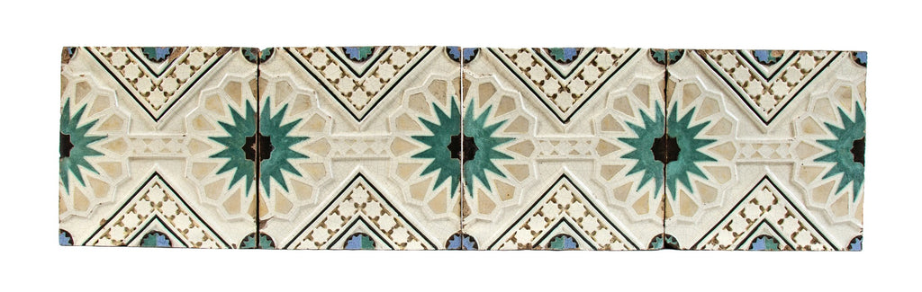 four matching 1920's salvaged chicago moorish revival building glazed polychrome terra cotta panels with repeating design motfis
