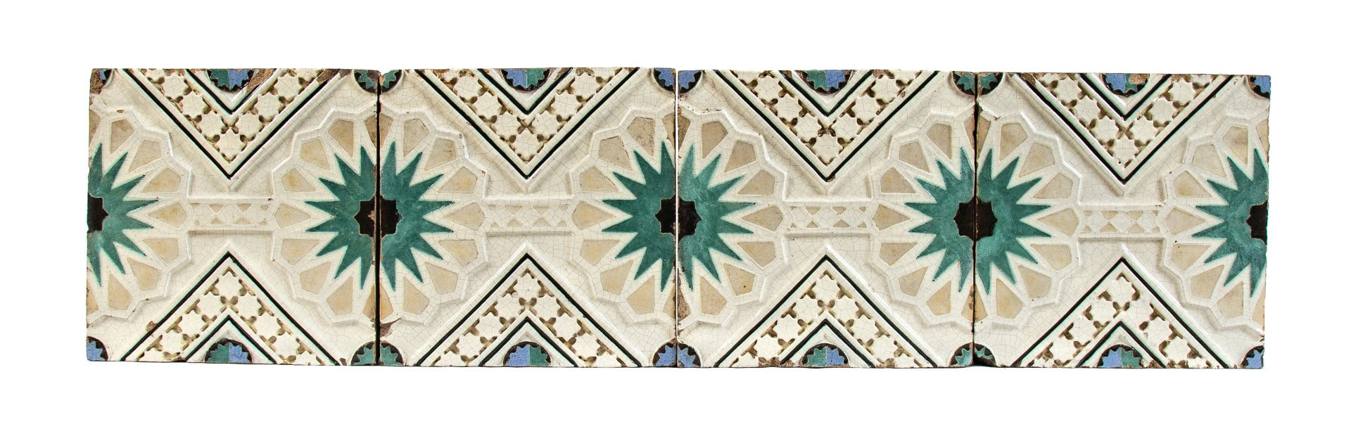 four matching 1920's salvaged chicago moorish revival building glazed polychrome terra cotta panels with repeating design motfis
