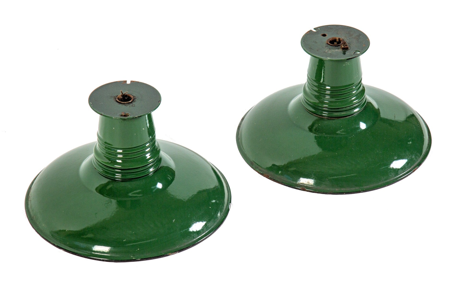 pair of 1930s flush mount green porcelain enameled single electric light cook county hospital pendant light fixtures with integrated socket housings