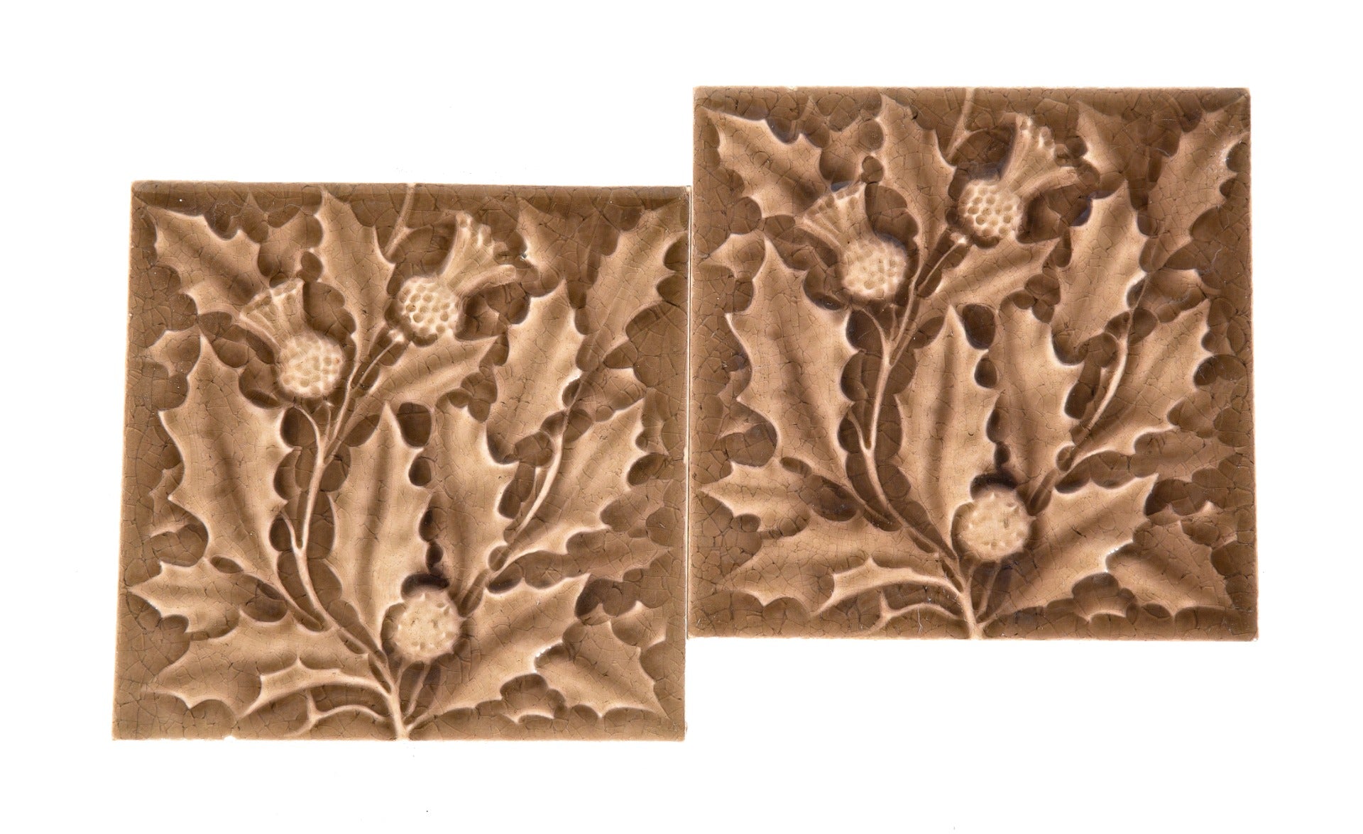 pair of late 19th century mauve colored majolica glazed holly pattern american victorian fireplace 6 x 6 inch tiles