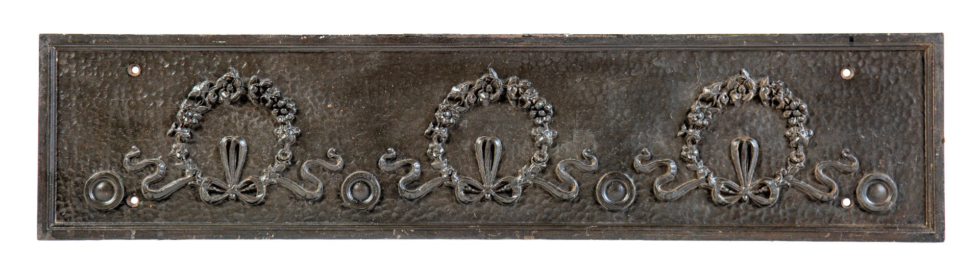historically important custom-designed 1929 ornamental cast iron rothschild nurse's residence cast iron fireplace mantel frieze panel