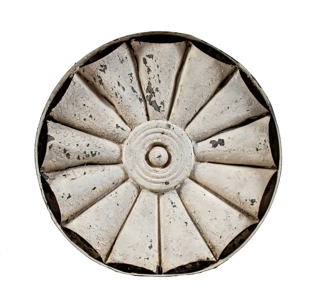oversied 1880s american victorian era galvanized sheet iron exterior residential circular-shaped "sunburst" roofline cornice rondel with crazed white paint