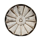 oversied 1880s american victorian era galvanized sheet iron exterior residential circular-shaped "sunburst" roofline cornice rondel with crazed white paint