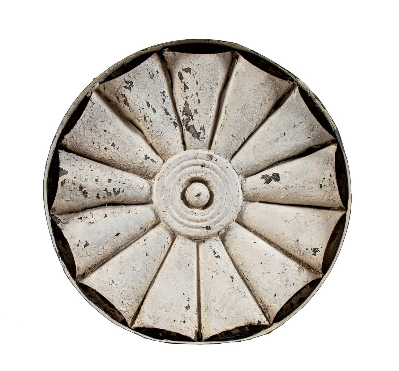 oversied 1880s american victorian era galvanized sheet iron exterior residential circular-shaped "sunburst" roofline cornice rondel with crazed white paint