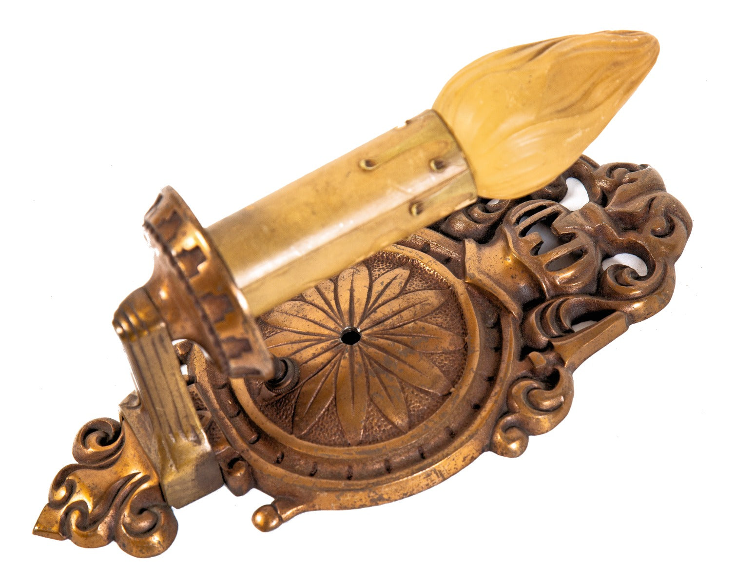 single early 20th century antique american ornamental cast bronze moe-bridges electric candle wall sconce