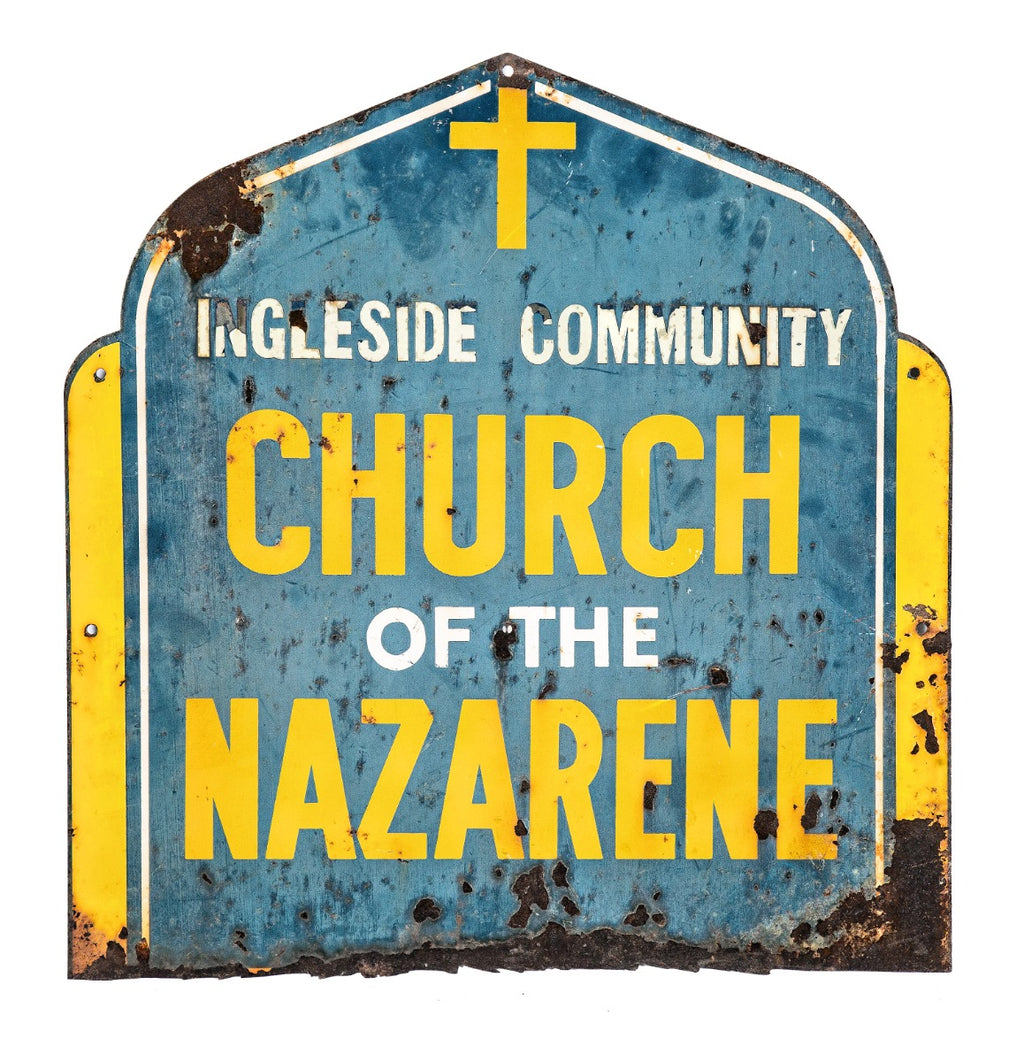 historically important exterior salvaged southside chicago ingleside community "church of the nazarene" weathered and worn die cut enameled steel church sign