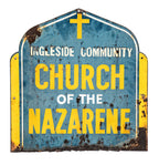 historically important exterior salvaged southside chicago ingleside community "church of the nazarene" weathered and worn die cut enameled steel church sign