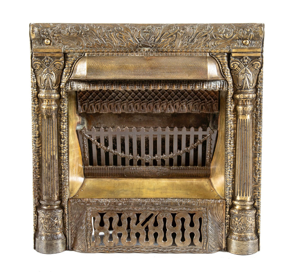 rare and exceptional all original 19th century brass-plated ornamental cast iron dawson brothers fireplace gas insert