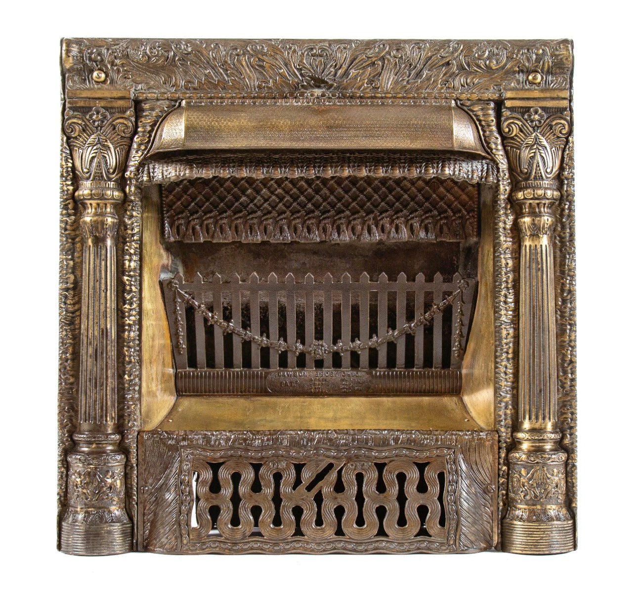 rare and exceptional all original 19th century brass-plated ornamental cast iron dawson brothers fireplace gas insert