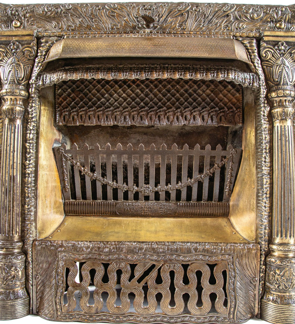 rare and exceptional all original 19th century brass-plated ornamental cast iron dawson brothers fireplace gas insert