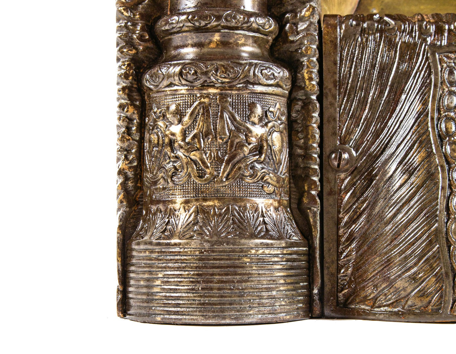 rare and exceptional all original 19th century brass-plated ornamental cast iron dawson brothers fireplace gas insert