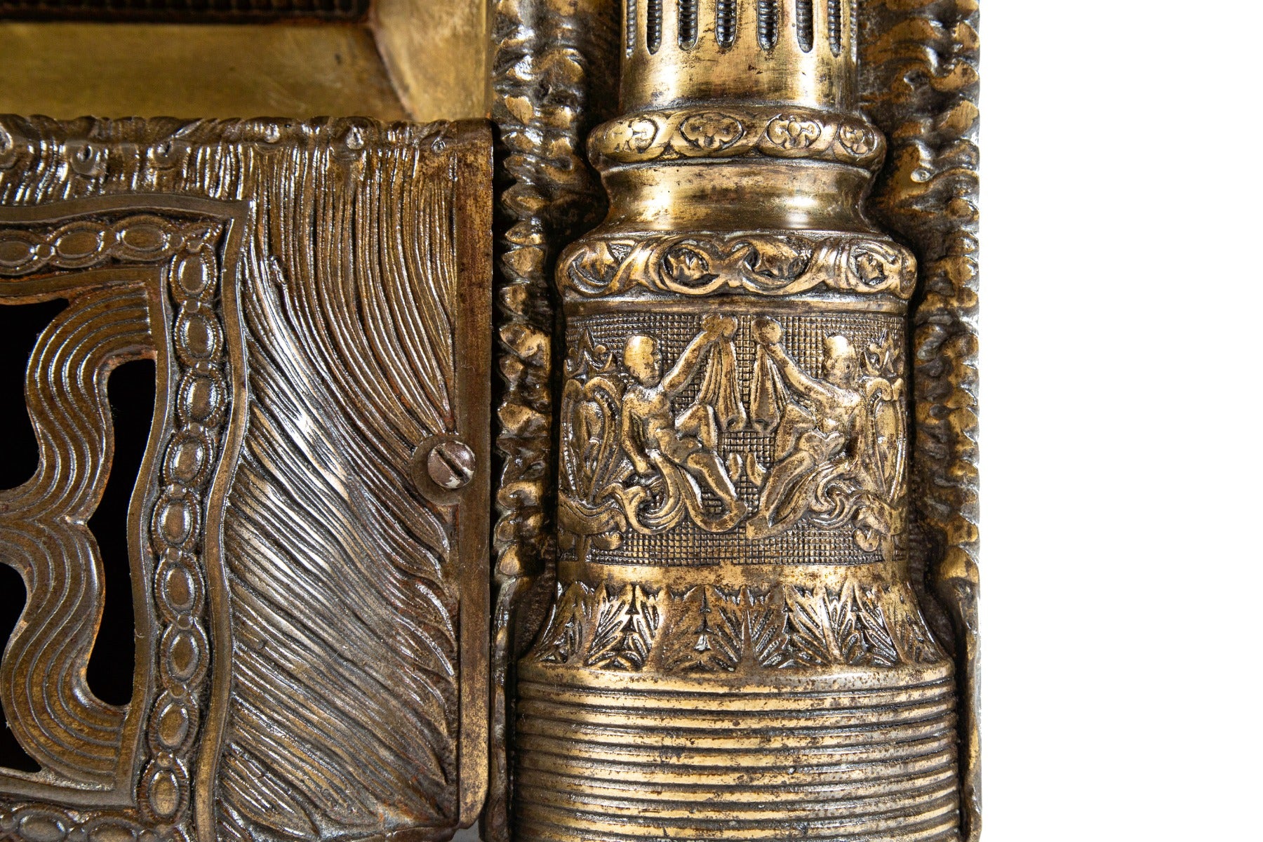 rare and exceptional all original 19th century brass-plated ornamental cast iron dawson brothers fireplace gas insert