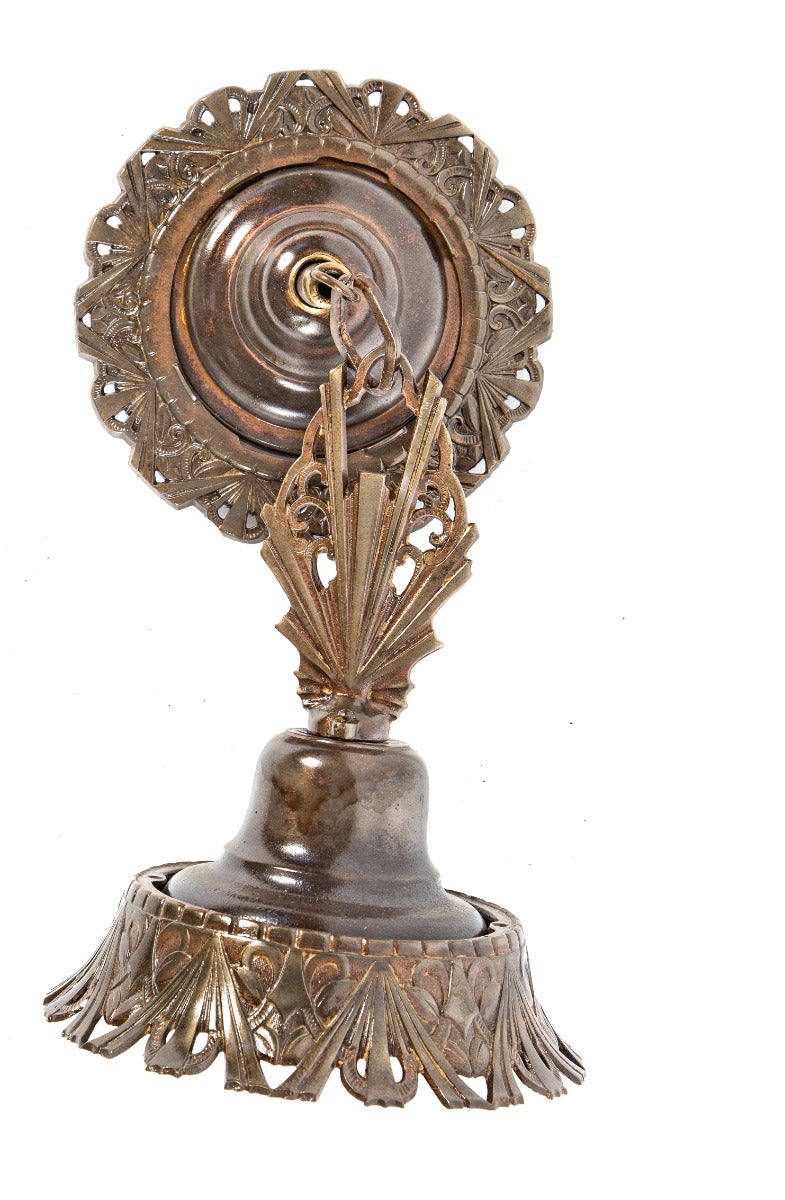 refinished depression-era 1930s american art deco ornamental cast iron ceiling light fixture with canopy and fitter
