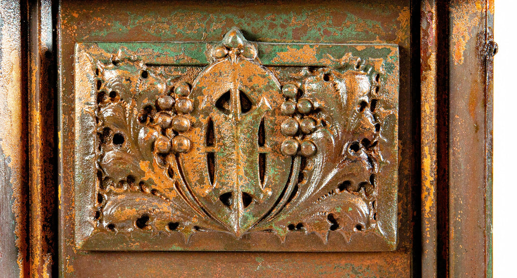 museum quality george grant elmslie-designed oversized exterior ornamental bronze art glass sconces with age appropriate patina