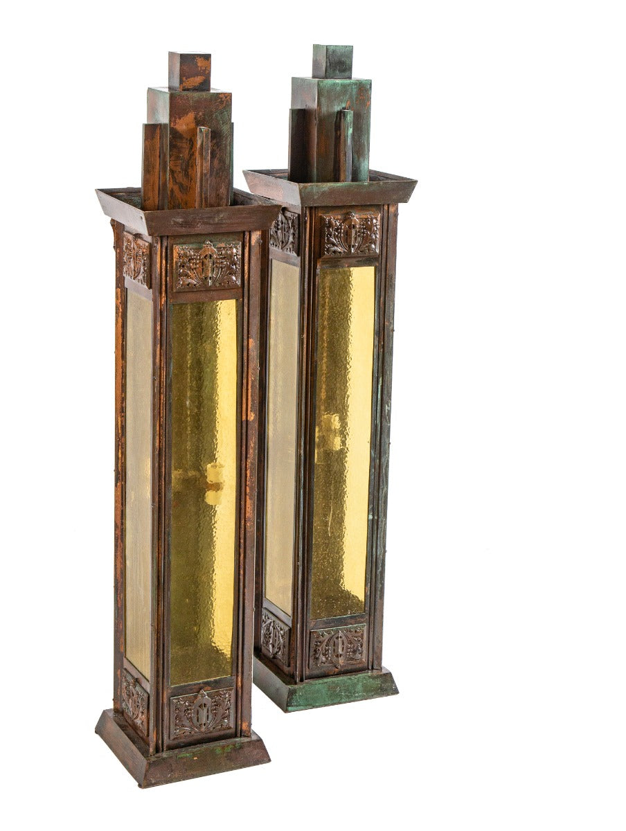 museum quality george grant elmslie-designed oversized exterior ornamental bronze art glass sconces with age appropriate patina