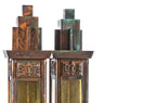 museum quality george grant elmslie-designed oversized exterior ornamental bronze art glass sconces with age appropriate patina