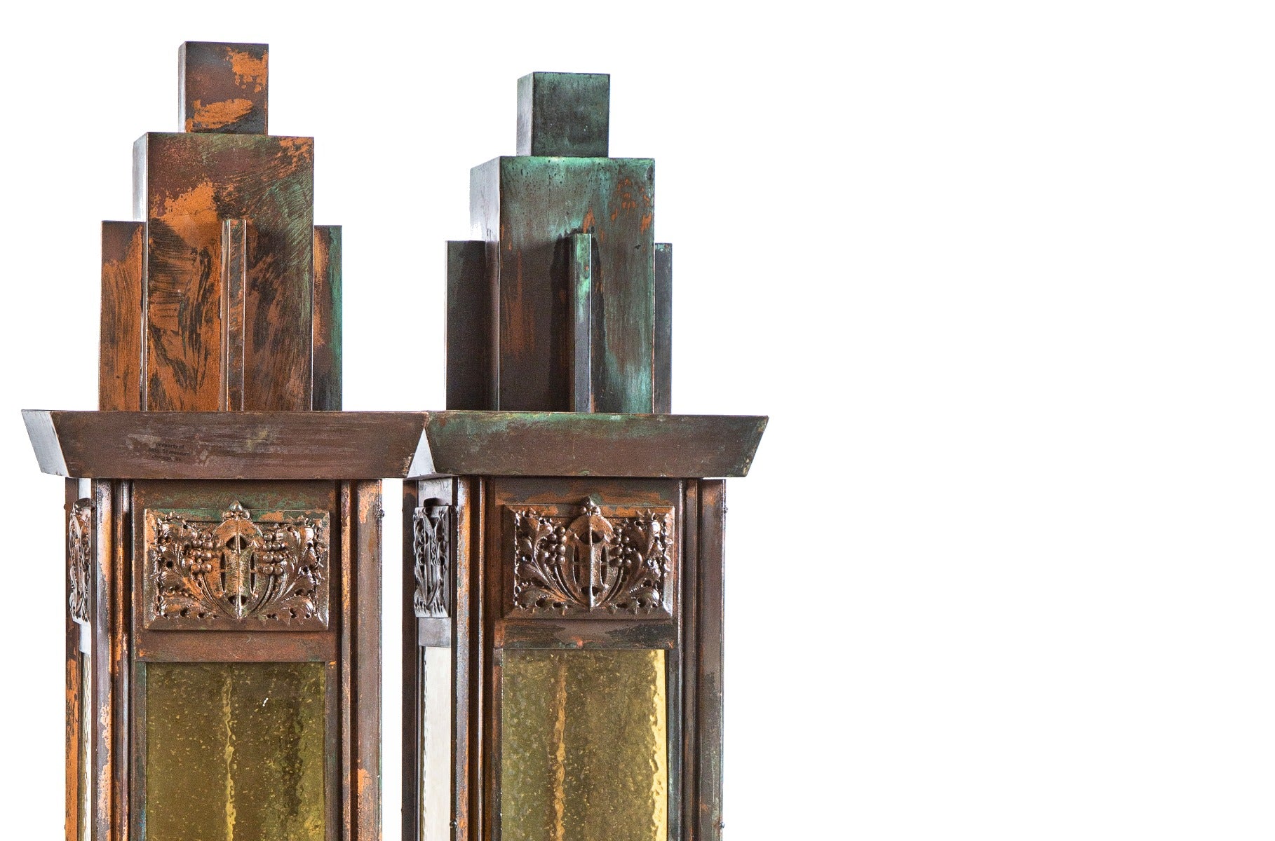 museum quality george grant elmslie-designed oversized exterior ornamental bronze art glass sconces with age appropriate patina