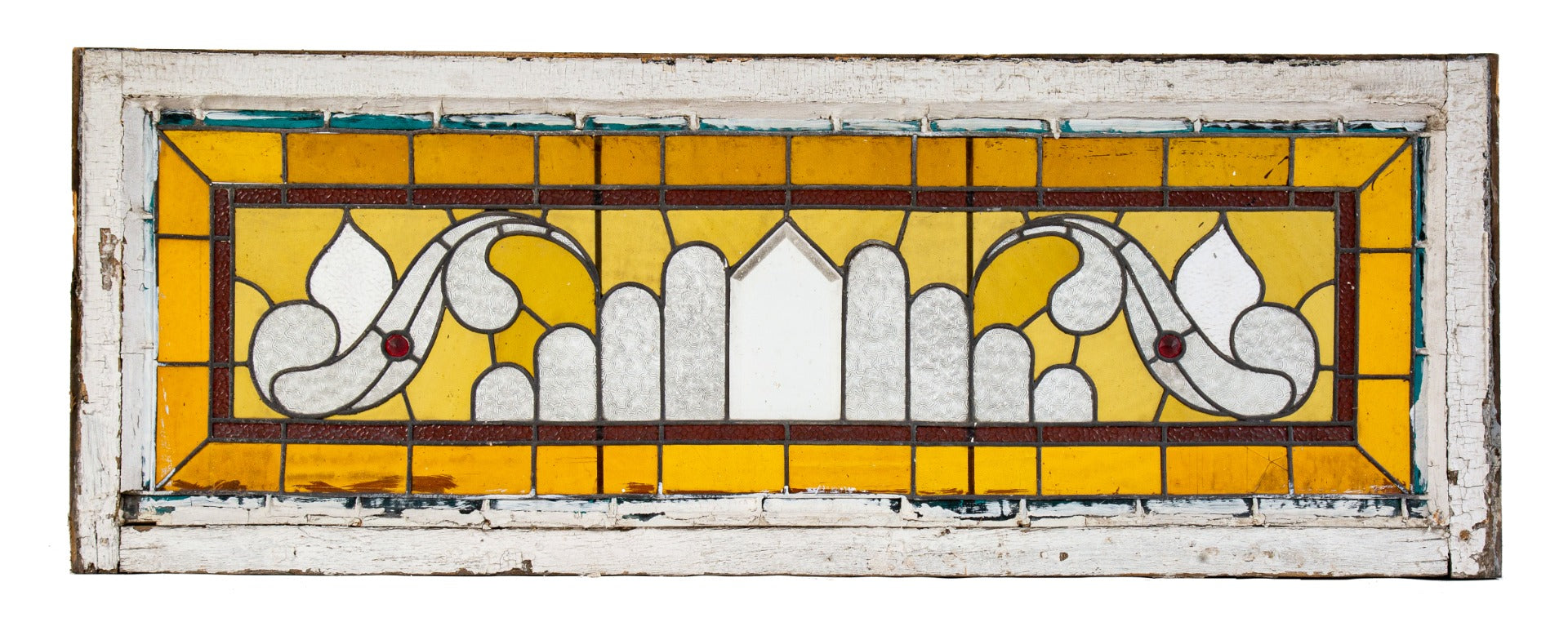 original late 19th century antique american stained glass salvaged chicago window with intact wood sash frame