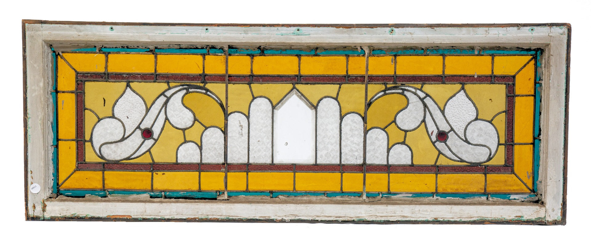 single 19th century interior residential salvaged chicago stained glass transom window with bevels and jewels