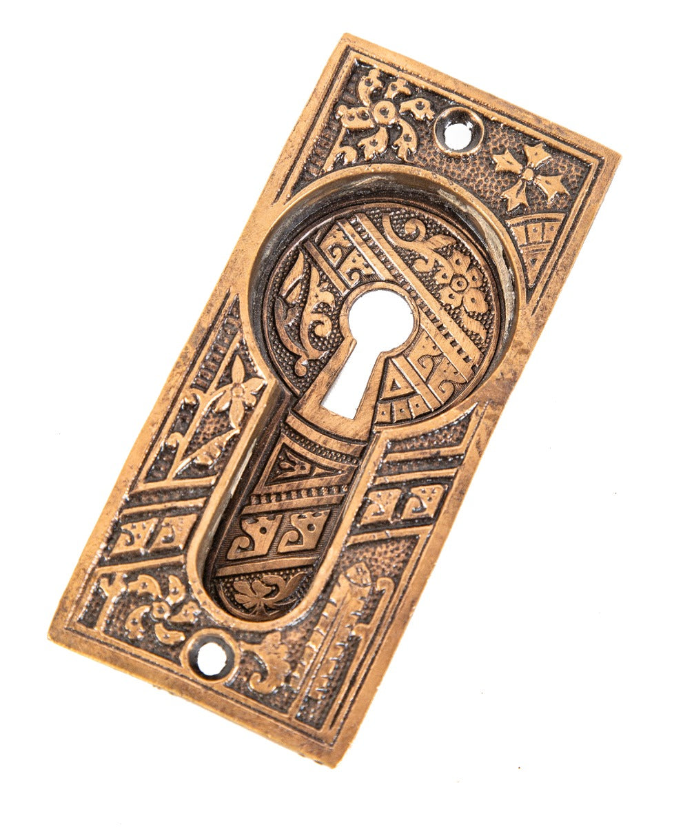 original 19th century antique american ornamental cast brass "ceylon" pattern interior residential pocket door plate
