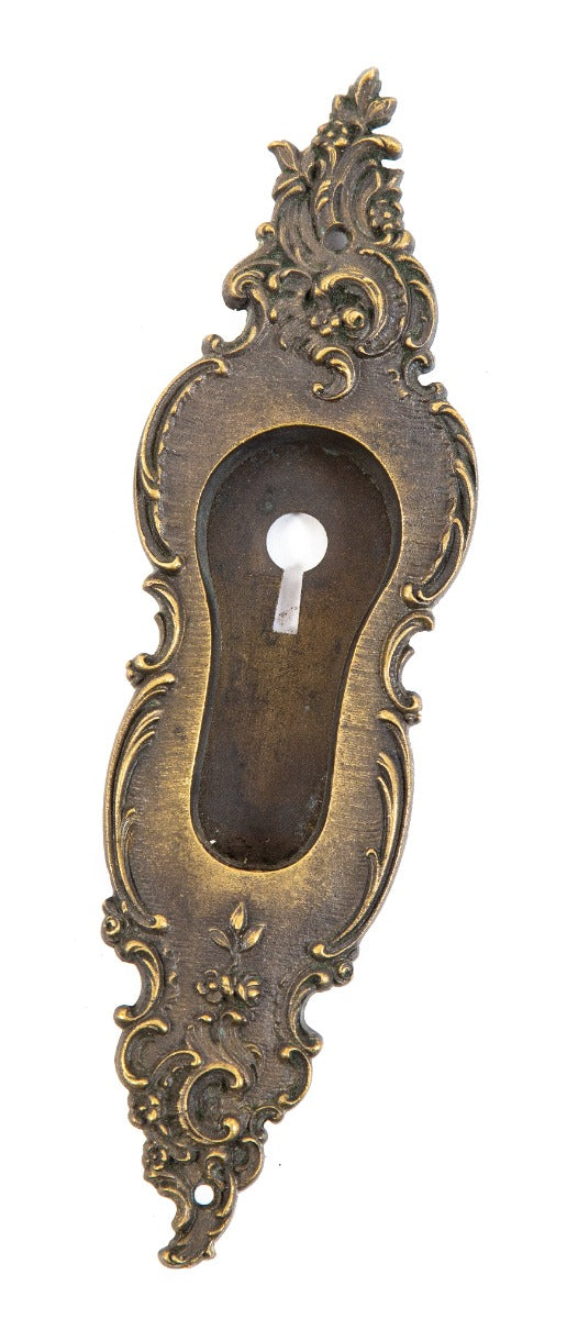 uniquely-shaped ornamental cast bronze early 20th century residential salvaged pocket door backplate with nicely aged patina