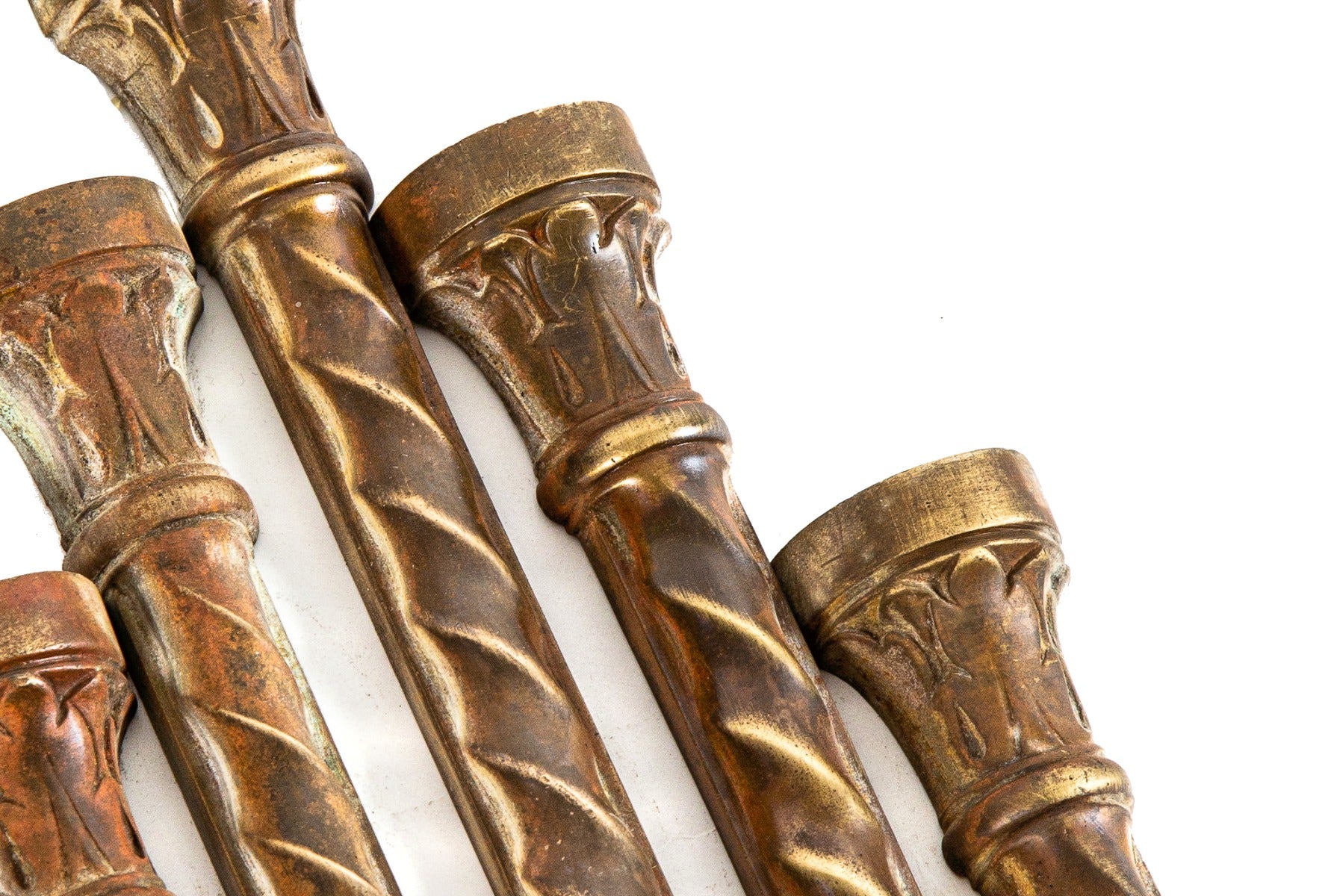 four matching early 20th century ornamental cast bronze railway exchange or sante fe building exterior pilasters