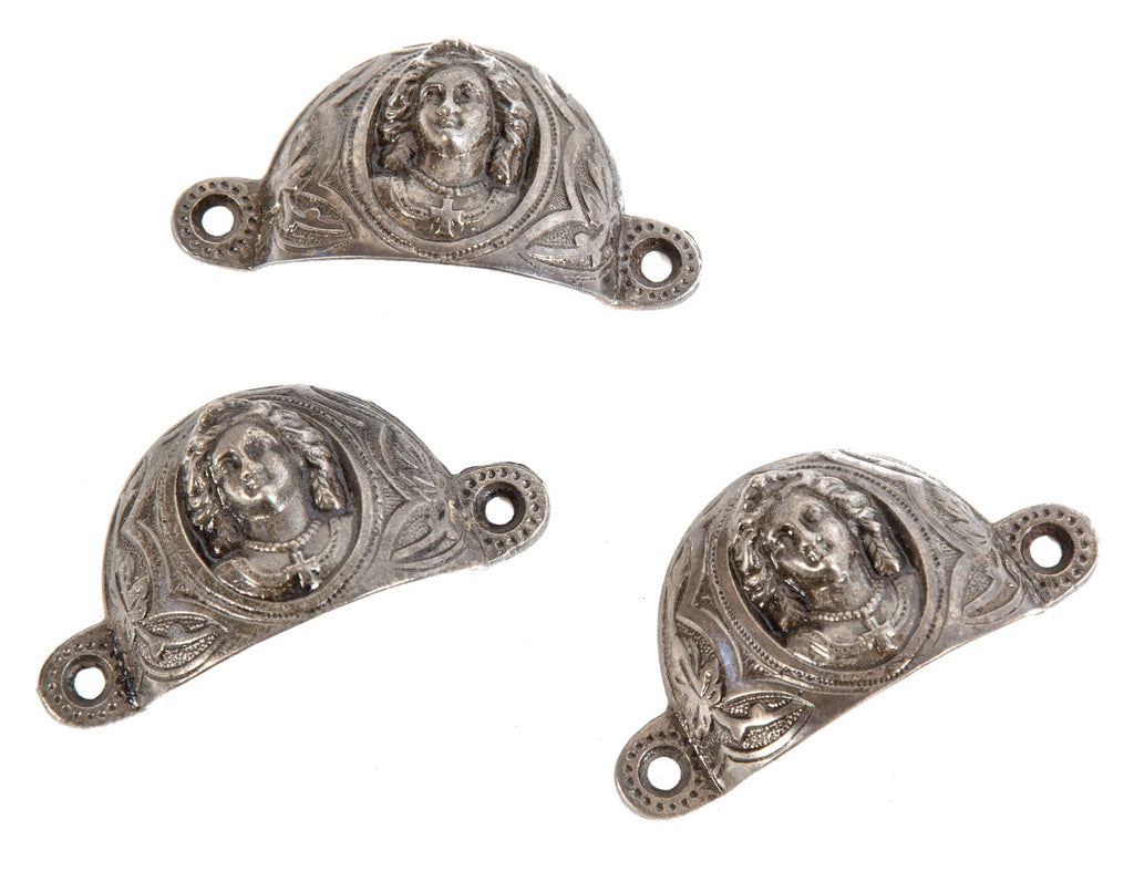 three matching 1870s salvaged chicago uniquely shaped ornamental cast iron "jenny lind" figural drawer pulls