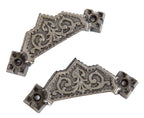 two matching oversized refinished high victorian ornamental cast iron cabinet drawer pulls with brushed metal finish