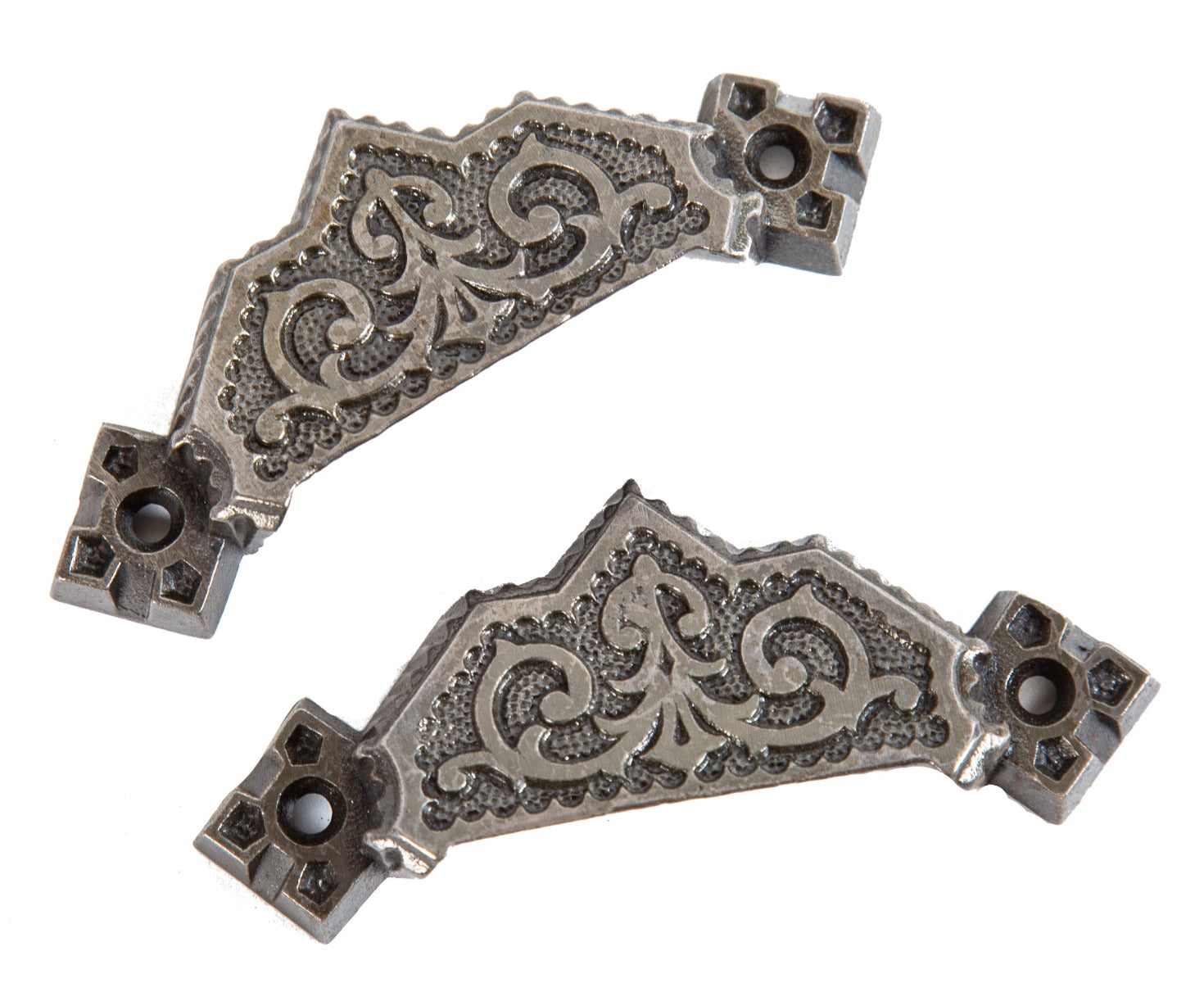 two matching oversized refinished high victorian ornamental cast iron cabinet drawer pulls with brushed metal finish