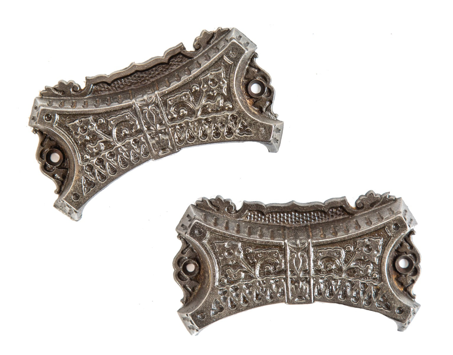 two uniquely shaped oversized ornamental cast iron american victorian style 1870s cabinet drawer pulls