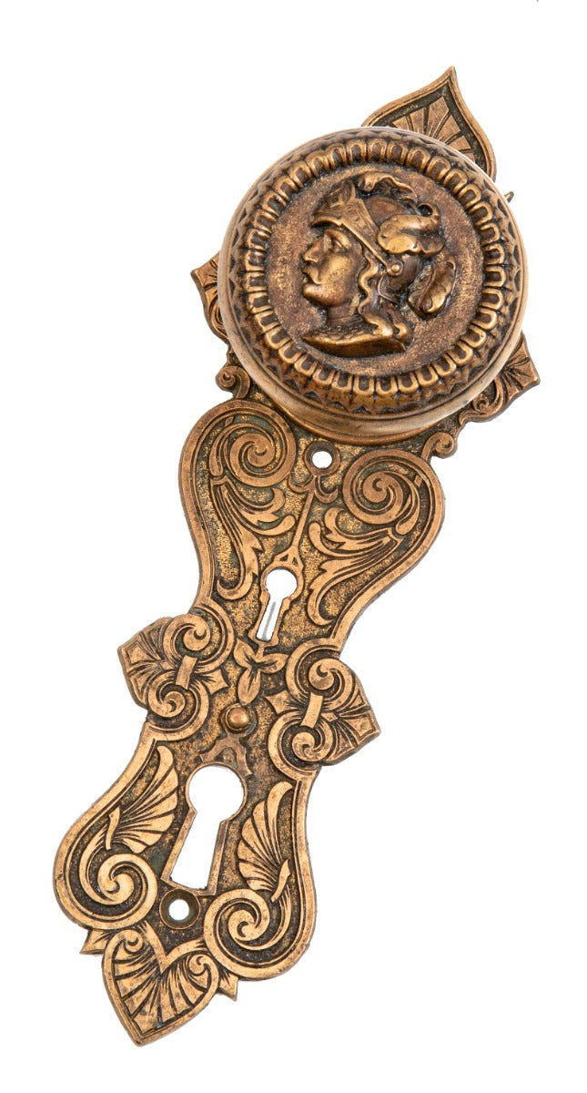 rare 1870s metal compression casting company figural "plumed knight" doorknob and entrance door backplate