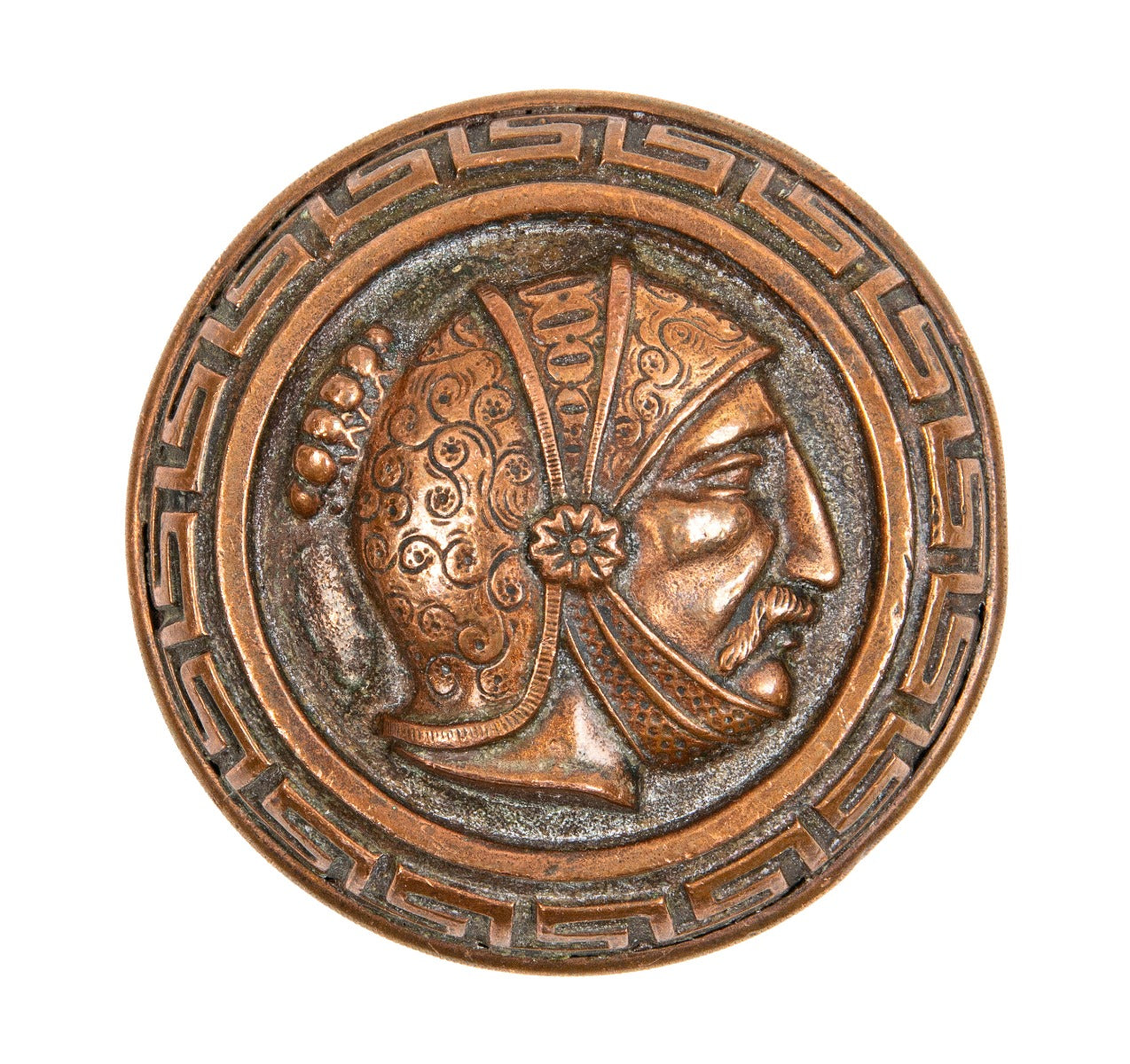 rare 1870s ornamental copper-plated greek or roman soldier figural doorknob with distinctive footed shank