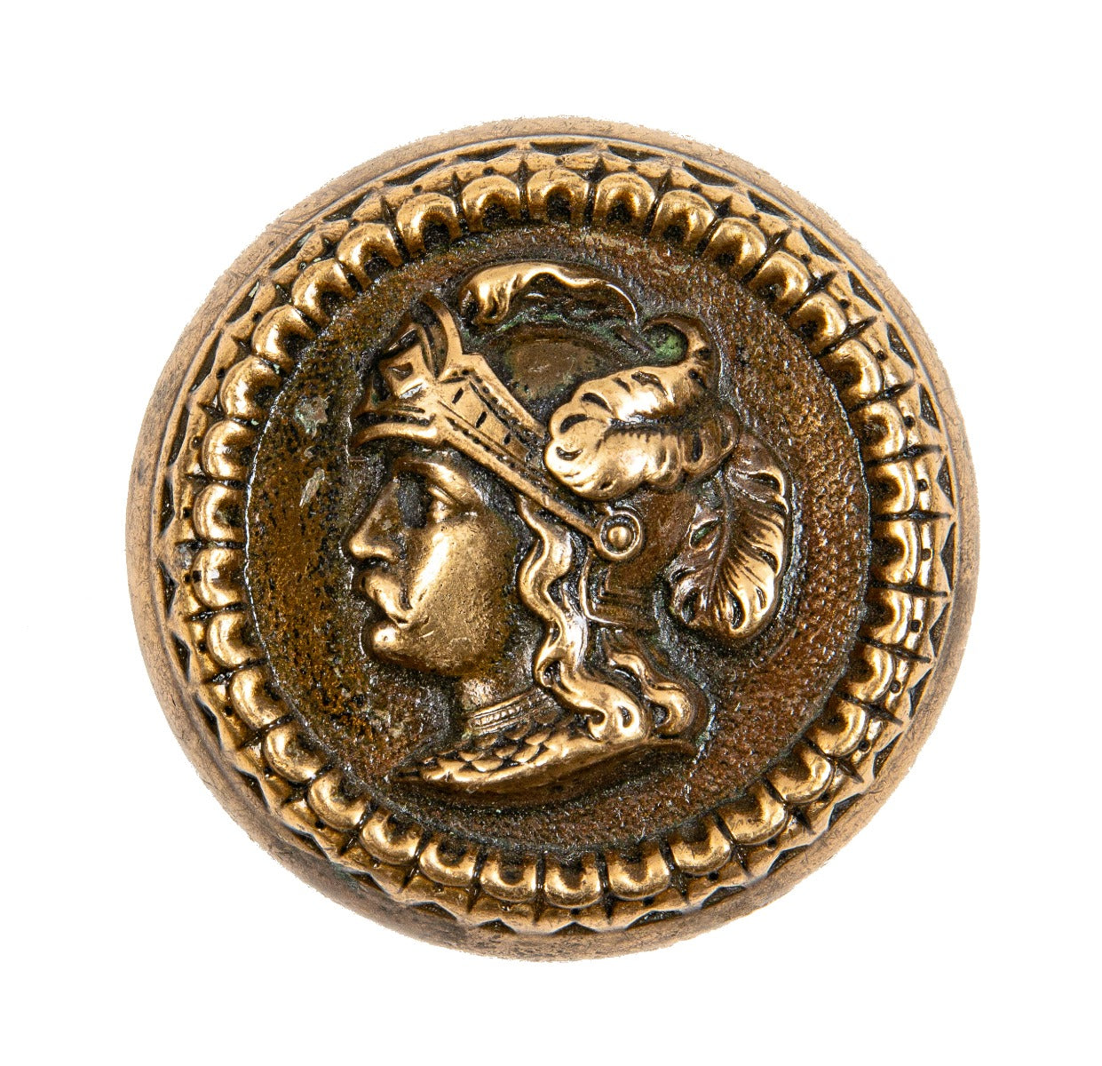 1870s highly sought after 19th century american ornamental cast bronze "plumed helmet" figural knight doorknob
