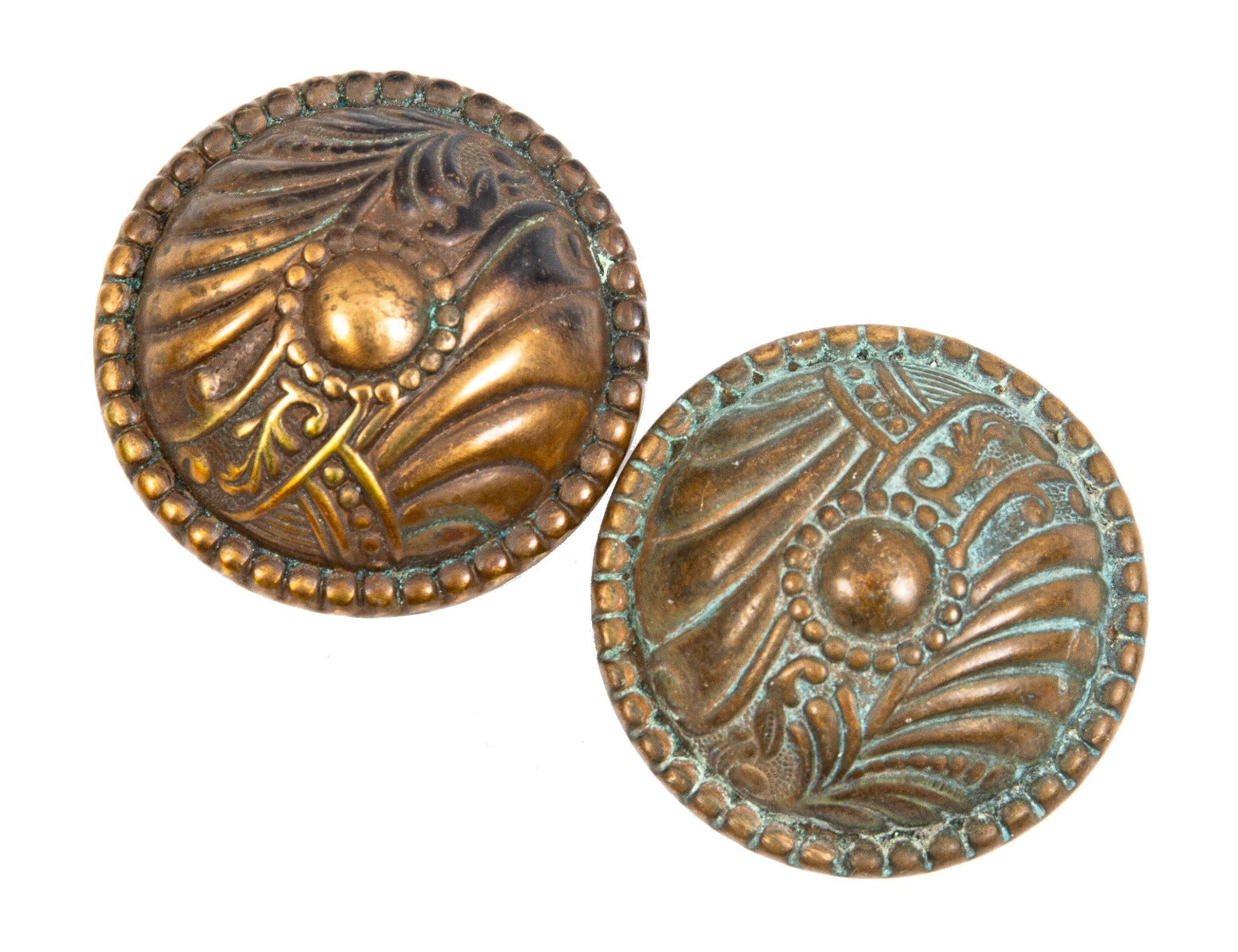 two matching 19th century ornamental wrought bronze art nouveau style "roanoke" pattern doorknobs