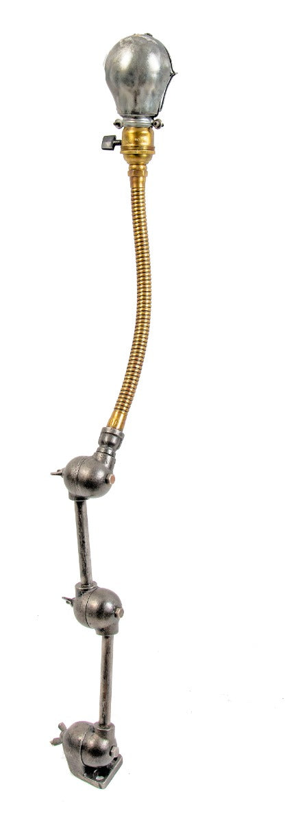 1920's american antique industrial brushed metal triple-jointed factory machine shop task lamp with brass coil gooseneck arm and bulb guard