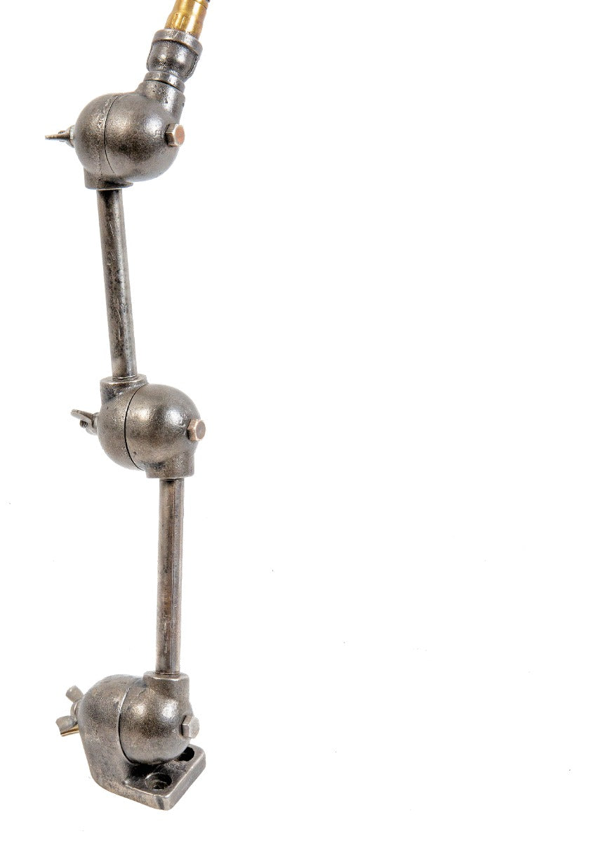 1920's american antique industrial brushed metal triple-jointed factory machine shop task lamp with brass coil gooseneck arm and bulb guard