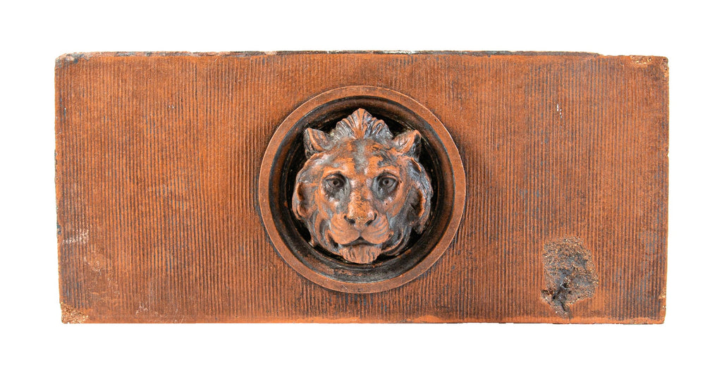 rare 1890s kristian schneider-designed ywca exterior red glazed terra cotta figural lionhead panel