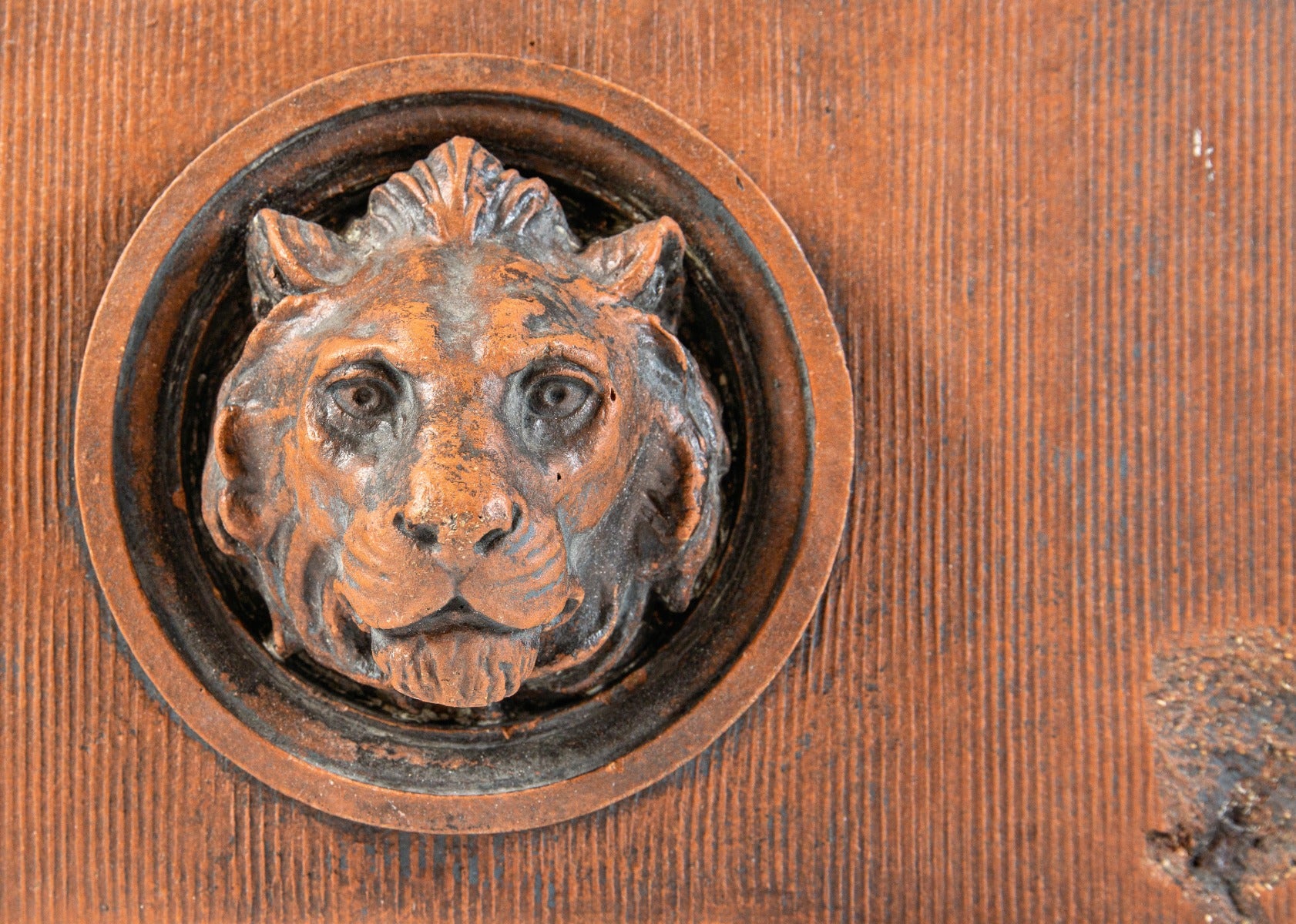 rare 1890s kristian schneider-designed ywca exterior red glazed terra cotta figural lionhead panel