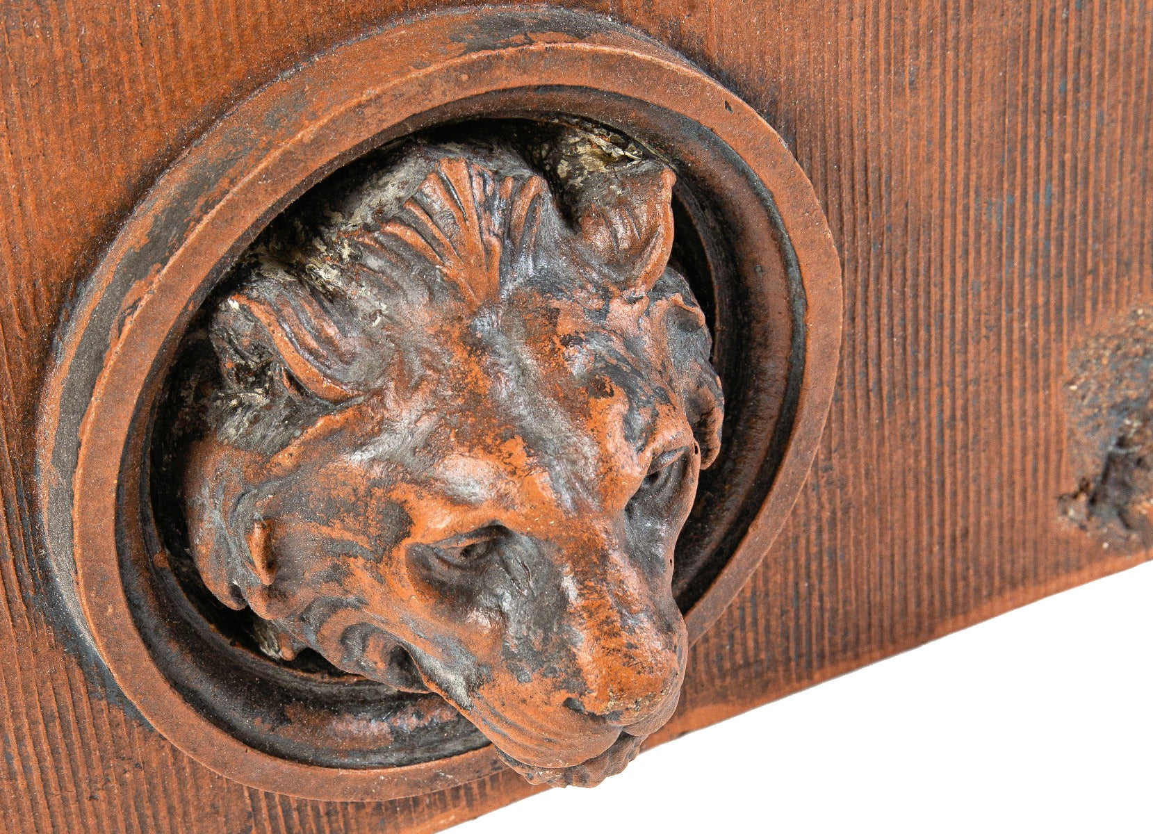 rare 1890s kristian schneider-designed ywca exterior red glazed terra cotta figural lionhead panel
