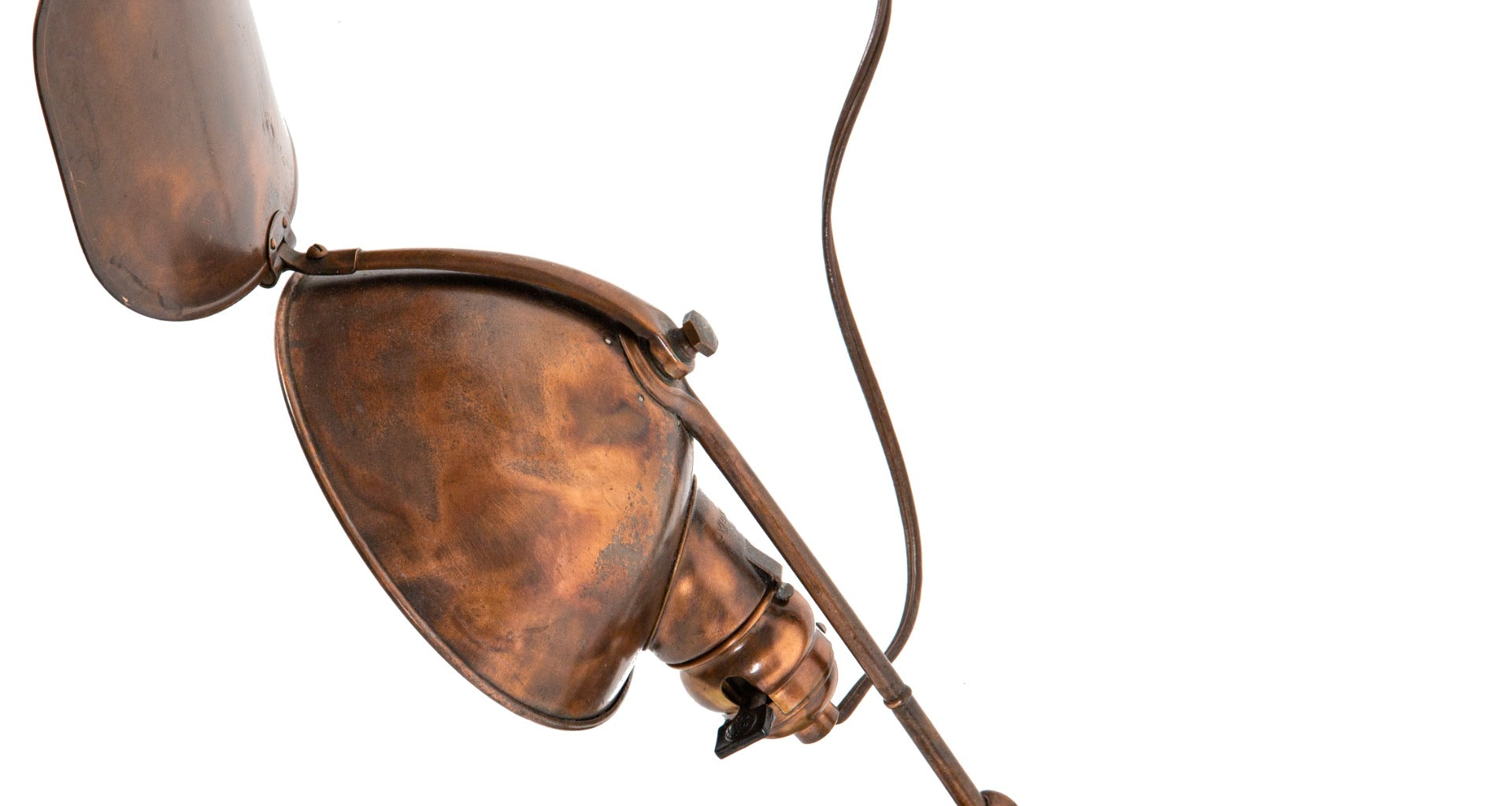 hard to find early 20th century copper-plated "lyhne" adjustable table lamp with revolving hinged reflector