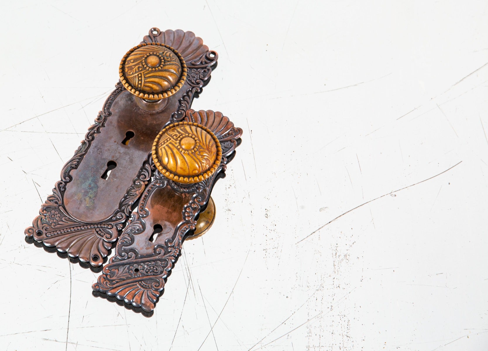 hard to find early 20th century art nouveau style "roanoke" pattern residential entrance door wrought bronze hardware