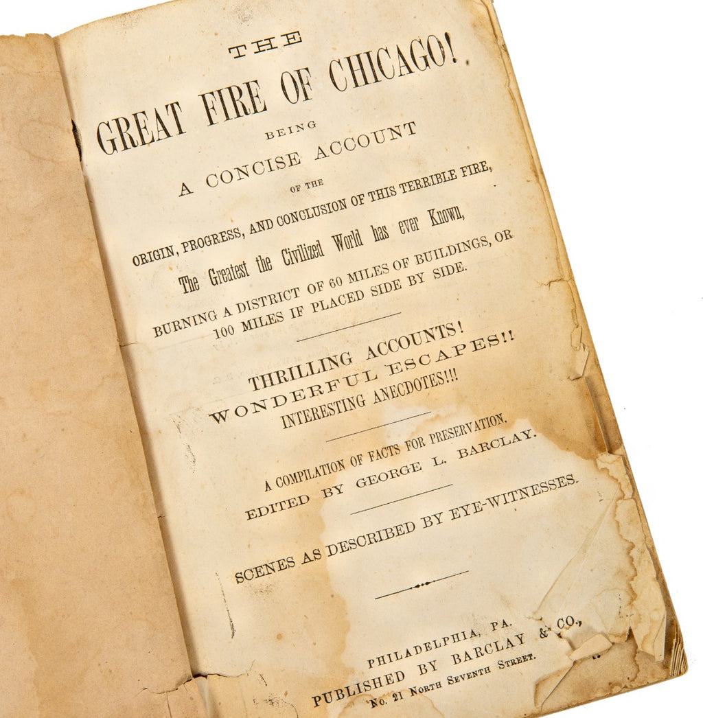 rare all original and intact 1871 "great fire of chicago" profusely illustrated softbound book published by barclay & company