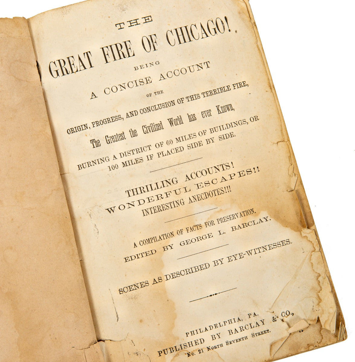 rare all original and intact 1871 "great fire of chicago" profusely illustrated softbound book published by barclay & company